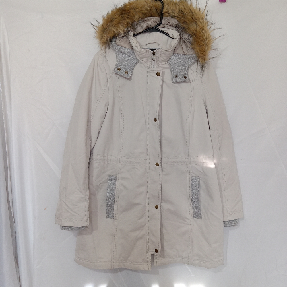 Apt. 9 Jacket, Women's Size Large Tan Faux Fur Hood, Full Zip, Parka Coat